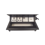 Caja Horizontal tipo Hub para escritorio color negro, con 1 Puerto HDMI Hembra-Hembra, 1 puerto RJ45 Cat6,  2 Puertos USB (Solo carga),  y 2 Contactos eléctricos universales